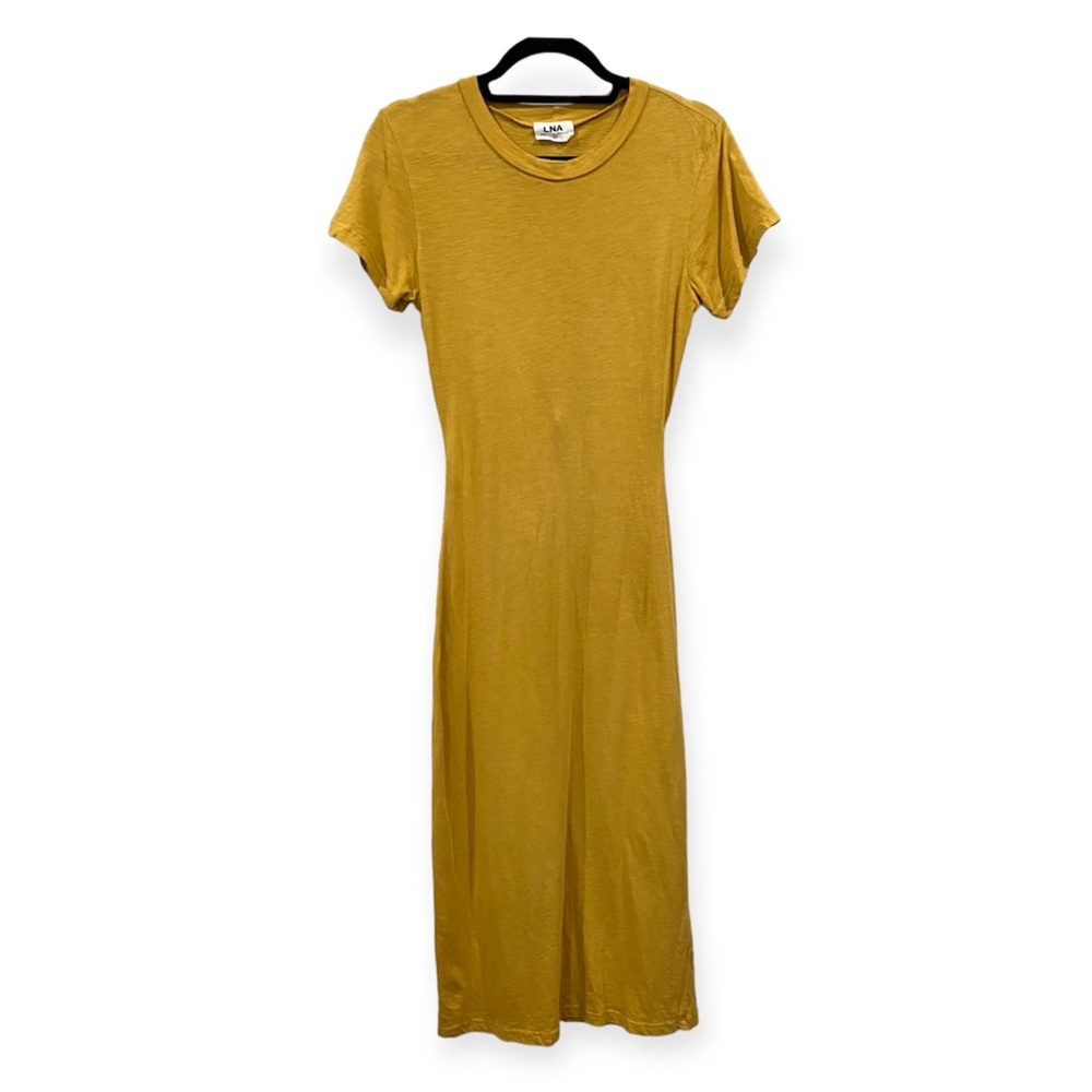 LNA Cut Out Back Twist Short Sleeve T-Shirt Dress Midi Maxi Mustard Yellow Small